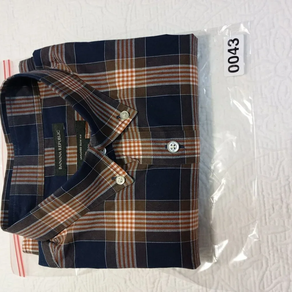 Banana Republic Dress Shirt Mens Untucked Slim Fit Plaid Size XL 100% Cotton